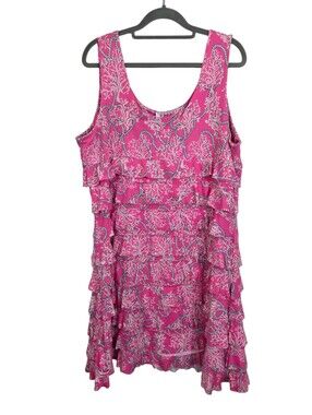 Lulu-B Daisy Cha Cha Dress Pink Floral Tiered Nautical Coral Size XL Preppy